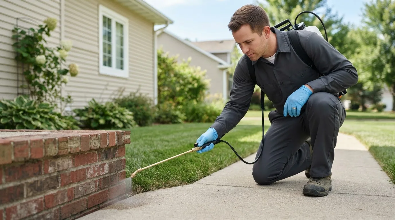 Pest control technician treating a home near Franklin, VT
